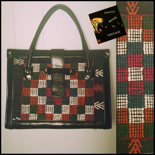 Checkered Folk Textile Handbag - Zipper - Guatemalan Textile - Vegan Leather Textile Purse - Laptop Bag - Tablet Tote - Vintage Briefcase