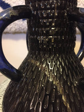 Load image into Gallery viewer, Abstract Bitossi Style Glazed Vase - 4 Handles - Italian Rimini Style Etched Vase - MCM Dansk Vase - Signed Collectible - Black Blue Glaze