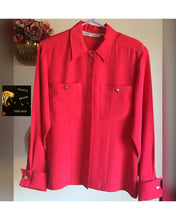 Load image into Gallery viewer, 80s WRINKLE RESISTANT Red Oxford Blouse - Womens 12 Large XL - Long Sleeve Silky Blouse - Buttondown - Breast Pockets - Lion Head Buttons