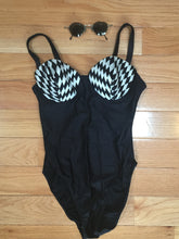 Load image into Gallery viewer, 70s GOTTEX Black and White Pinup Swimsuit - Size 8 10 Medium - B or C Cup - Sweetheart Darted Cups - 80s One Piece - Swimmers Bather Cozzie