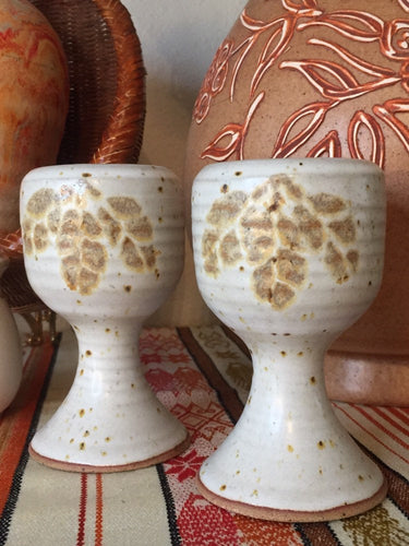 Stoneware Pottery Goblet S&P Shakers with Pinecone Clusters - Salt and Pepper Shakers - Handmade Wheel Thrown - Corked - 70s Boho Kitchen