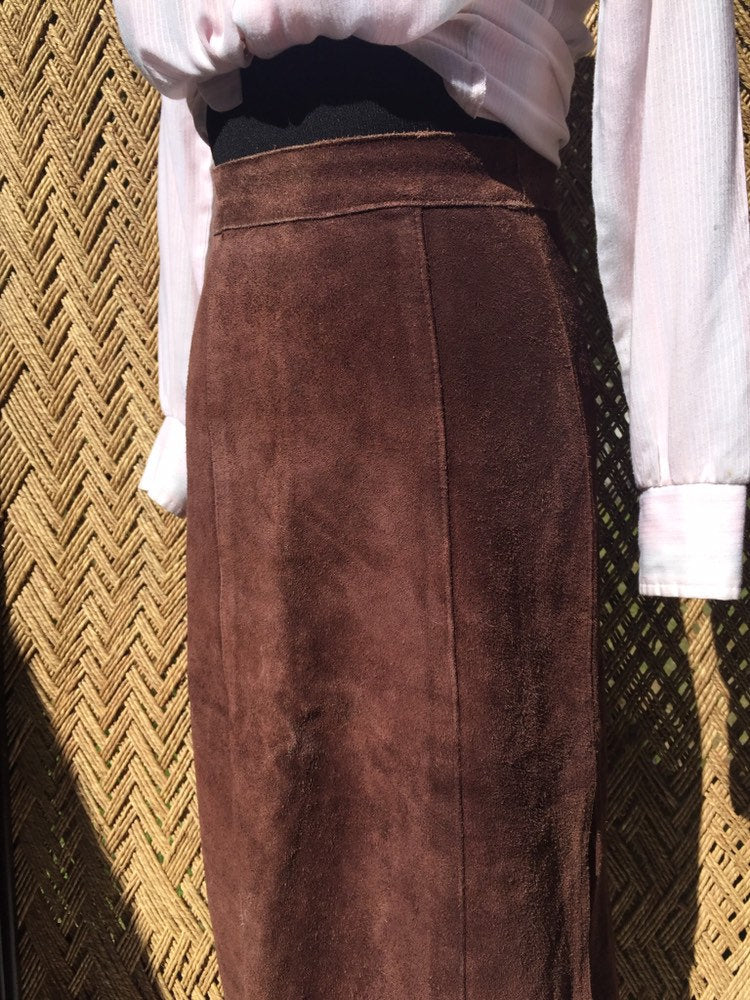 60s 70s Argentinian Soft Suede Brown Leather Skirt Womens XS Small  High Side Slits Zipper Snap Fly Hippie Boho Western