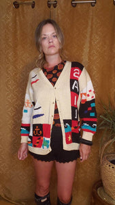 RARE Hand Knit SAIL AWAY Cardigan by Berek Marta D - Sailing Sweater - Sailboat Sweater - Kitschy 80s Sweater - Granny Sweater - Chunky Knit