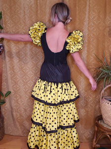 Vintage Handmade Polka Dot Fringe Flamenco Dress - Womens Medium - Black and Yellow Ruffle Fringe Dress - Bee Costume - Spanish Dance Dress