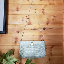 Load image into Gallery viewer, VTG 70s White Mesh Metal Purse - Whiting and Davis Style Mesh Bag - 60s 70s Mesh Evening Purse - Shoulder Bag - Snake Chain - F Monogram
