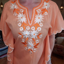 Load image into Gallery viewer, 70s Apricot Floral Embroidered Kaftan - Women Medium - Embroidered Tunic Dress - Embroidered Muumuu - Hippie Caftan Dress - Festival Fashion