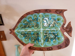 MCM Drip Glaze Ceramic Fish Appetizer Plates - Set of 2 TREASURE CRAFT No 390 - Retro Ceramic Platter and Dip Bowl - Mid Century Fish Dishes