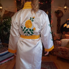 Load image into Gallery viewer, Vintage Embroidered Yellow Rose Kimono Robe - Poly Satin Boxing Robe - Womens XS Small Medium- Green and Yellow - Pockets - Chinese Robe