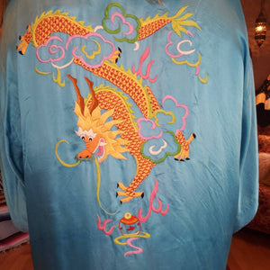 70s Sapphire Silk Dragon Embroidered Kimono Robe - Unisex Medium Large - Pockets - Kimono Cover-Up - Long Silk Chinese Robe - Teal Blue