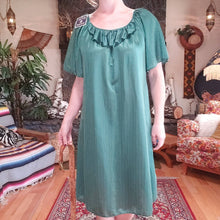 Load image into Gallery viewer, 70s Emerald Green Lustre House Dress - Short Muumuu Dress - Striped Shiny Polyester House Dress - 70s House Dress - Swimsuit Coverup