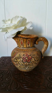Small Japanese Mid Century Folk Water Pitcher - Antique Japanese Ceramic Vase - 1950s Asian Ceramic Folk Art - Stucco Clay - Etched Flowers