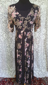 90s Long Romantic Cottage Floral Dress - Languid Floral Dress - Flowers Polkadots - Calico Dress - Tie Back - Festival Fashion - Size Medium