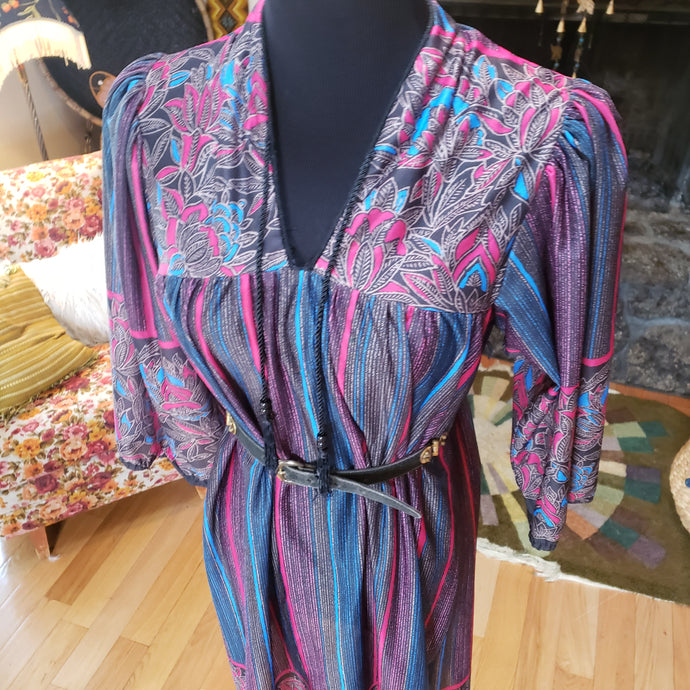 70s Floral Striped Sheer House Dress - Womens Large - Polyester Batik