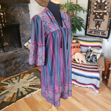 Load image into Gallery viewer, 70s Floral Striped Sheer House Dress - Womens Large - Polyester Batik