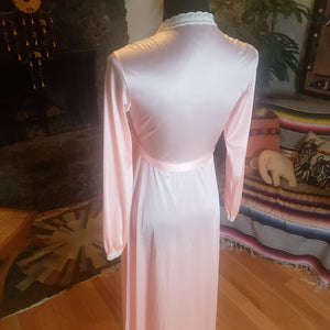 70s Long Peachy Nylon Robe with Lace Trim - Miss Elaine - Womens XS Small
