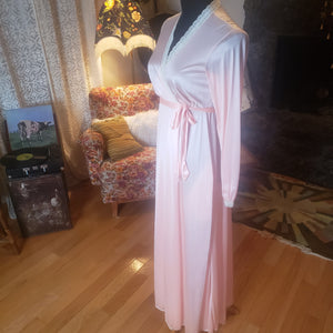 70s Long Peachy Nylon Robe with Lace Trim - Miss Elaine - Womens XS Small