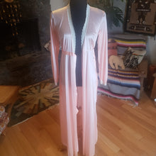 Load image into Gallery viewer, 70s Long Peachy Nylon Robe with Lace Trim - Miss Elaine - Womens XS Small