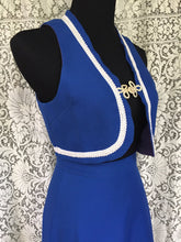 Load image into Gallery viewer, SALE. 1960s Mod Blue Bolero Vest Skirt Suit SIZE 6 - Vintage 60s Vest and Skirt Suit - White Trim Frog Closures Buttons - Womens Small Mediu