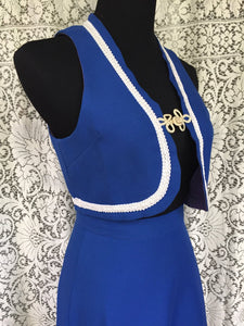 SALE. 1960s Mod Blue Bolero Vest Skirt Suit SIZE 6 - Vintage 60s Vest and Skirt Suit - White Trim Frog Closures Buttons - Womens Small Mediu