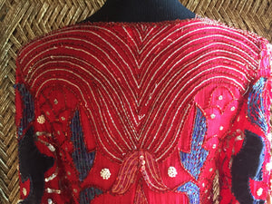 80s Red Silk Beaded Felt Dress - Womens Small Medium - Art Deco Gatsby Dress - Antique Dress - Red and Blue Sequin Dress - Flapper Dre