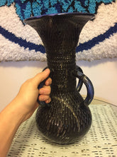 Load image into Gallery viewer, Abstract Bitossi Style Glazed Vase - 4 Handles - Italian Rimini Style Etched Vase - MCM Dansk Vase - Signed Collectible - Black Blue Glaze