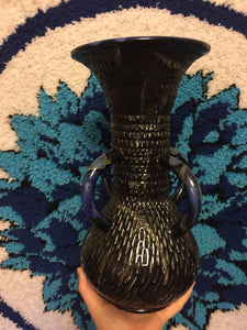 Abstract Bitossi Style Glazed Vase - 4 Handles - Italian Rimini Style Etched Vase - MCM Dansk Vase - Signed Collectible - Black Blue Glaze