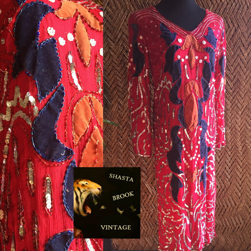 80s Red Silk Beaded Felt Dress - Womens Small Medium - Art Deco Gatsby Dress - Antique Dress - Red and Blue Sequin Dress - Flapper Dre