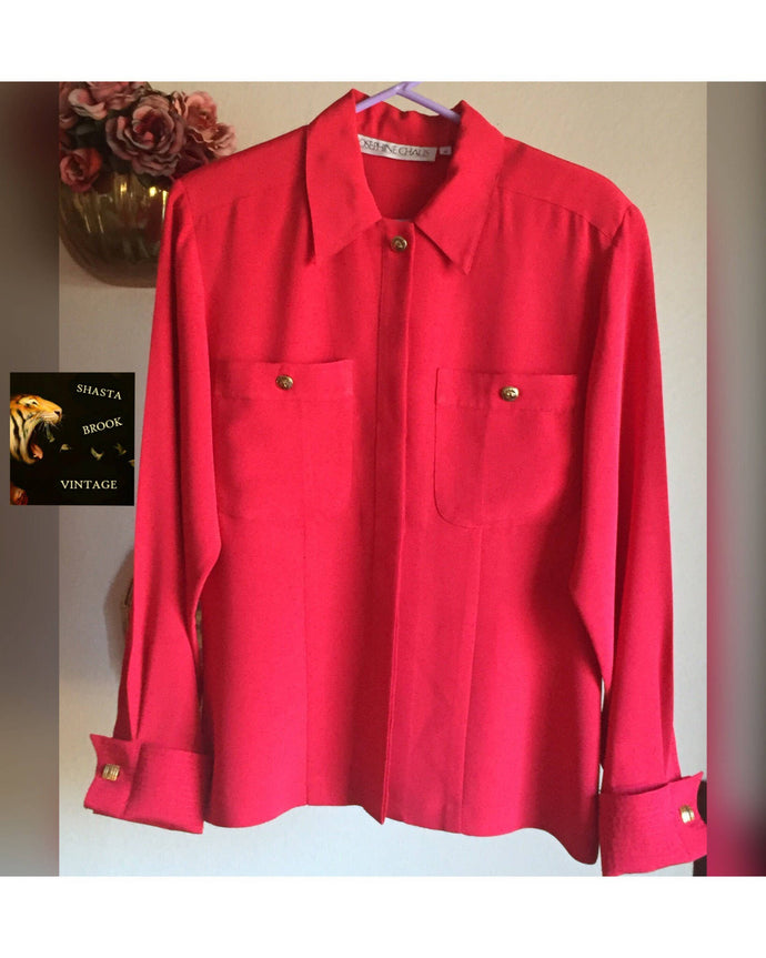 80s WRINKLE RESISTANT Red Oxford Blouse - Womens 12 Large XL - Long Sleeve Silky Blouse - Buttondown - Breast Pockets - Lion Head Buttons