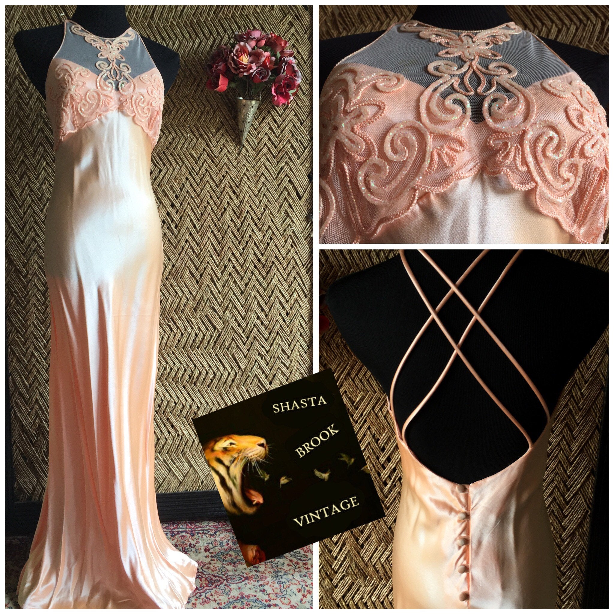 90s Silky Peach Pastel Prom Dress - Womens Medium - Halter Neckline Pr Revival Vintage 90s Silky Peach Pastel Prom Dress - Womens Medium - Halter Neckline Pr Revival Vintage
