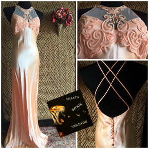 90s Silky Peach Pastel Prom Dress - Womens Medium - Halter Neckline Prom Dress - Strappy X Back - 90s Winter Formal Dress - Roberta Gown