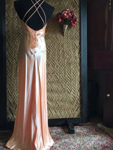 Load image into Gallery viewer, 90s Silky Peach Pastel Prom Dress - Womens Medium - Halter Neckline Prom Dress - Strappy X Back - 90s Winter Formal Dress - Roberta Gown