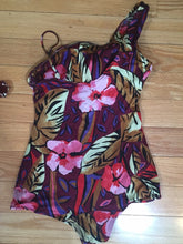 Load image into Gallery viewer, 70s 80s SEA SCAMP Floral One Shoulder Swimsuit - Size 12 14 US - Molded Cups - Swimmers Bathers Cossie - One Piece - Pinup Swimsuit - Ruched