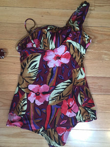 70s 80s SEA SCAMP Floral One Shoulder Swimsuit - Size 12 14 US - Molded Cups - Swimmers Bathers Cossie - One Piece - Pinup Swimsuit - Ruched