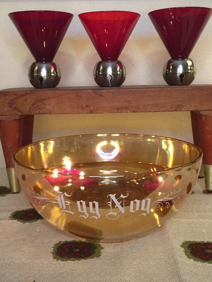 EGG NOG Depression Glass Bowl - Jeanette Glass Floragold Moderne - Northwood Marigold - Orange Carnival Glass - Christmas Serving Bowl