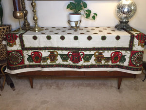 Folk Christmas Table Linen - Cotton Linen Tablecloth - Rectangular Tablecloth - Red Green Yellow - Vases - Christmas Holiday Party