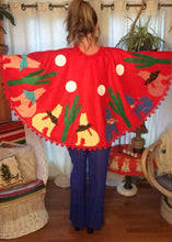Load image into Gallery viewer, Howling Wolves Red Wool Tree Skirt - Pom Pom Christmas Cape - Kitschy Handmade - Santa Fe - Christmas Sweater Cape - Googly Eyes - Applique