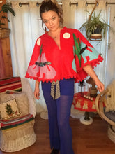 Load image into Gallery viewer, Howling Wolves Red Wool Tree Skirt - Pom Pom Christmas Cape - Kitschy Handmade - Santa Fe - Christmas Sweater Cape - Googly Eyes - Applique