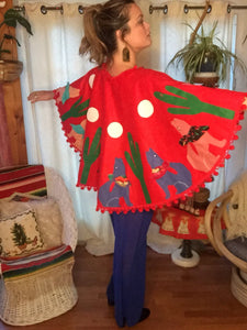Howling Wolves Red Wool Tree Skirt - Pom Pom Christmas Cape - Kitschy Handmade - Santa Fe - Christmas Sweater Cape - Googly Eyes - Applique