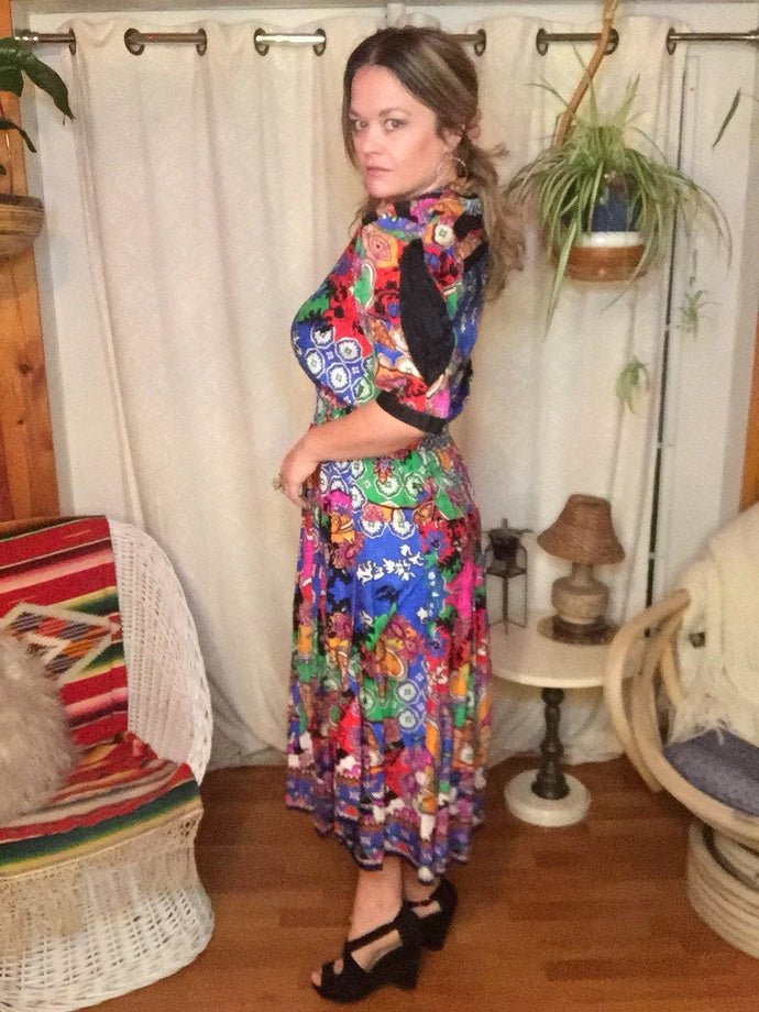 80s Colorful Silk DIANE FREIS Dress - Fits Women M L XL Plus Size - Patchwork - Elastic Waist - Puffy Slit Sleeves - Pleated Skirt w Sashes