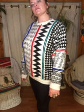 Load image into Gallery viewer, Vintage Hipster Crew Neck Sweater - Unisex L XL - Tribal Geometric Sweater - Baggy Oversized - White Black Red Blue Green - 80s 90s Sweater