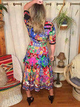 Load image into Gallery viewer, 80s Colorful Silk DIANE FREIS Dress - Fits Women M L XL Plus Size - Patchwork - Elastic Waist - Puffy Slit Sleeves - Pleated Skirt w Sashes