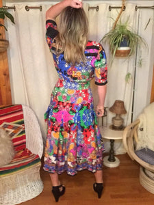 80s Colorful Silk DIANE FREIS Dress - Fits Women M L XL Plus Size - Patchwork - Elastic Waist - Puffy Slit Sleeves - Pleated Skirt w Sashes
