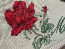 Load image into Gallery viewer, Vintage Mothers Day Gift - Vintage Framed Needlepoint - 40s Embroidery - Mother and Red Rose - Rectangular Frame - Mothers Day Cross Stitch