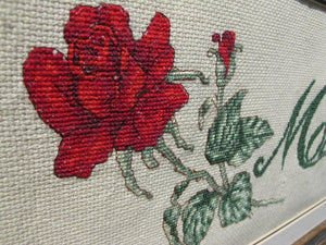 Vintage Mothers Day Gift - Vintage Framed Needlepoint - 40s Embroidery - Mother and Red Rose - Rectangular Frame - Mothers Day Cross Stitch