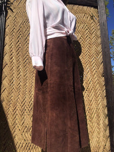 60s 70s Argentinian Soft Suede Brown Leather Skirt - Womens XS Small 2 4 - High Side Slits - Zipper Snap Fly - Hippie Boho Western