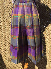 Load image into Gallery viewer, 80s Purple Green Plaid Pleated Culotte Shorts - Womens US 2 4 6 - Rayon Poly - High Rise Skorts - Pockets - Long Shorts - Women Plaid Shorts