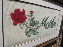Load image into Gallery viewer, Vintage Mothers Day Gift - Vintage Framed Needlepoint - 40s Embroidery - Mother and Red Rose - Rectangular Frame - Mothers Day Cross Stitch