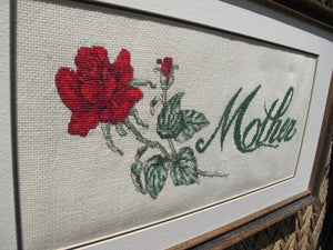 Vintage Mothers Day Gift - Vintage Framed Needlepoint - 40s Embroidery - Mother and Red Rose - Rectangular Frame - Mothers Day Cross Stitch