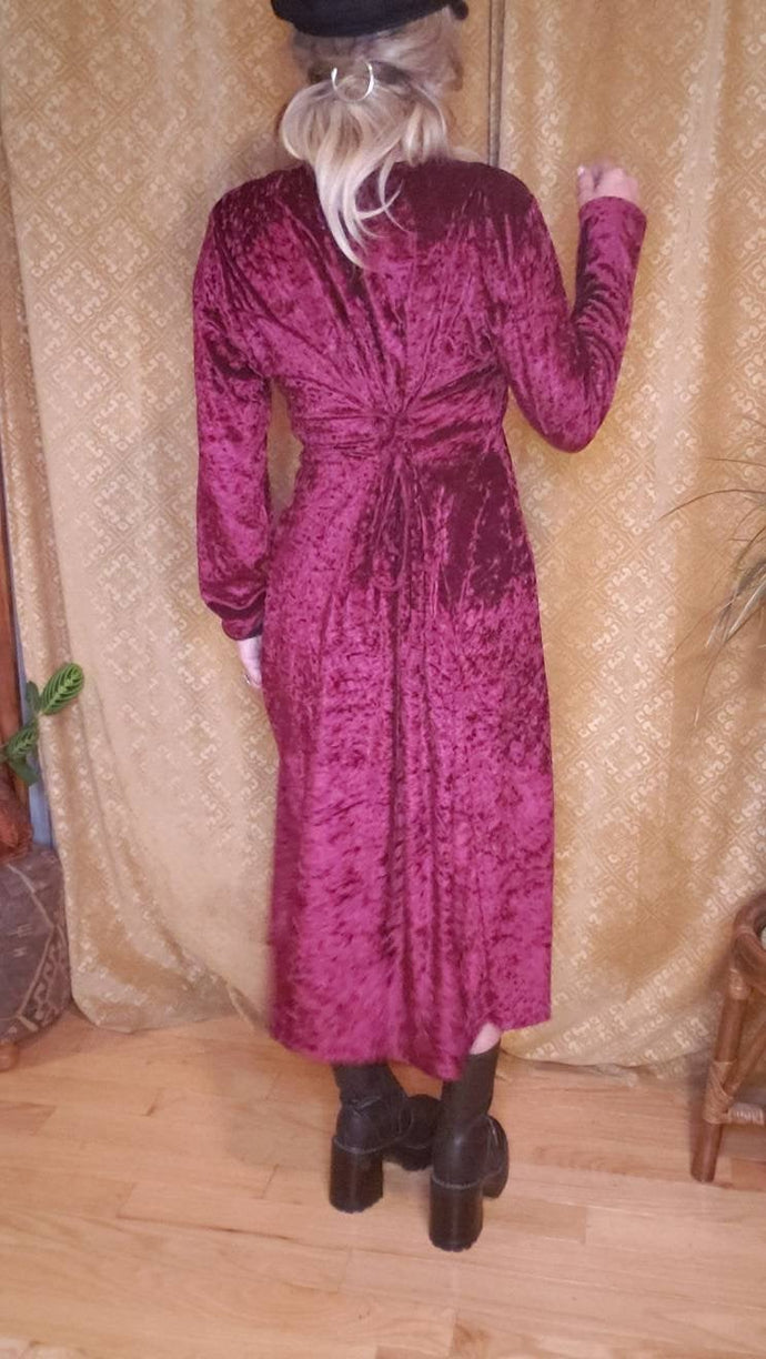 Long Sleeved Ruby Velvet Dress - Lace-Up Back and Faux Gold Buttons - Womens Medium Large - Long Velvet Dress - Bohemian Gypsy Grunge