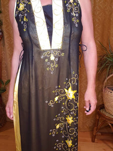 Sleeveless Yellow and Black Cheongsam Dress with Pants - Womens Large - Qipao - Mandarin Gown with Silky Pants - Waist High Slits - Glitter